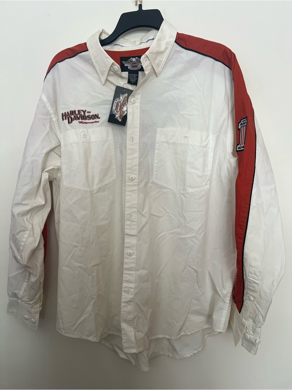 Harley-Davidson White Button-Down Shirt with Red Shoulder Panels